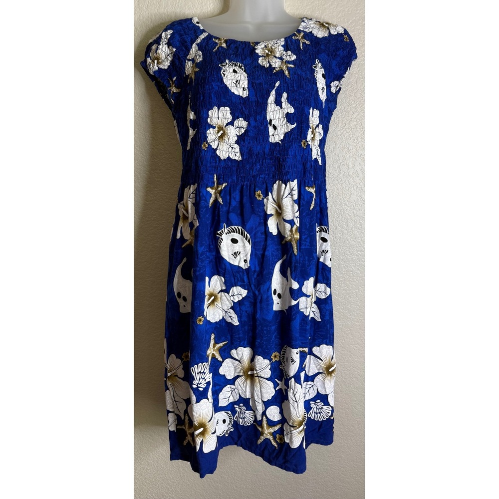 Royal Creations Womens Small OS Midi Dress Blue Tropical Hibiscus Smocked Beach